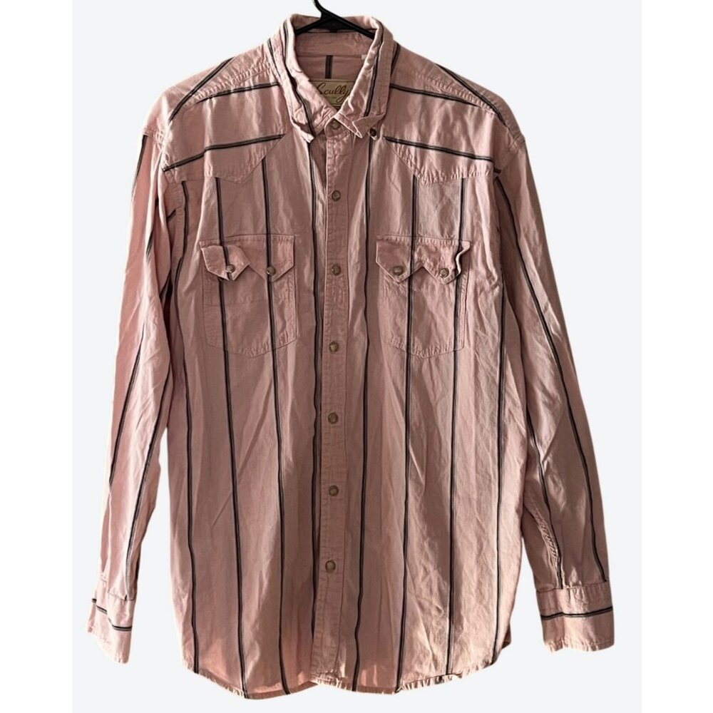 Scully Men's Medium Long Sleeve Pearl Snap Button Shirt Muted Pink Gray Striped